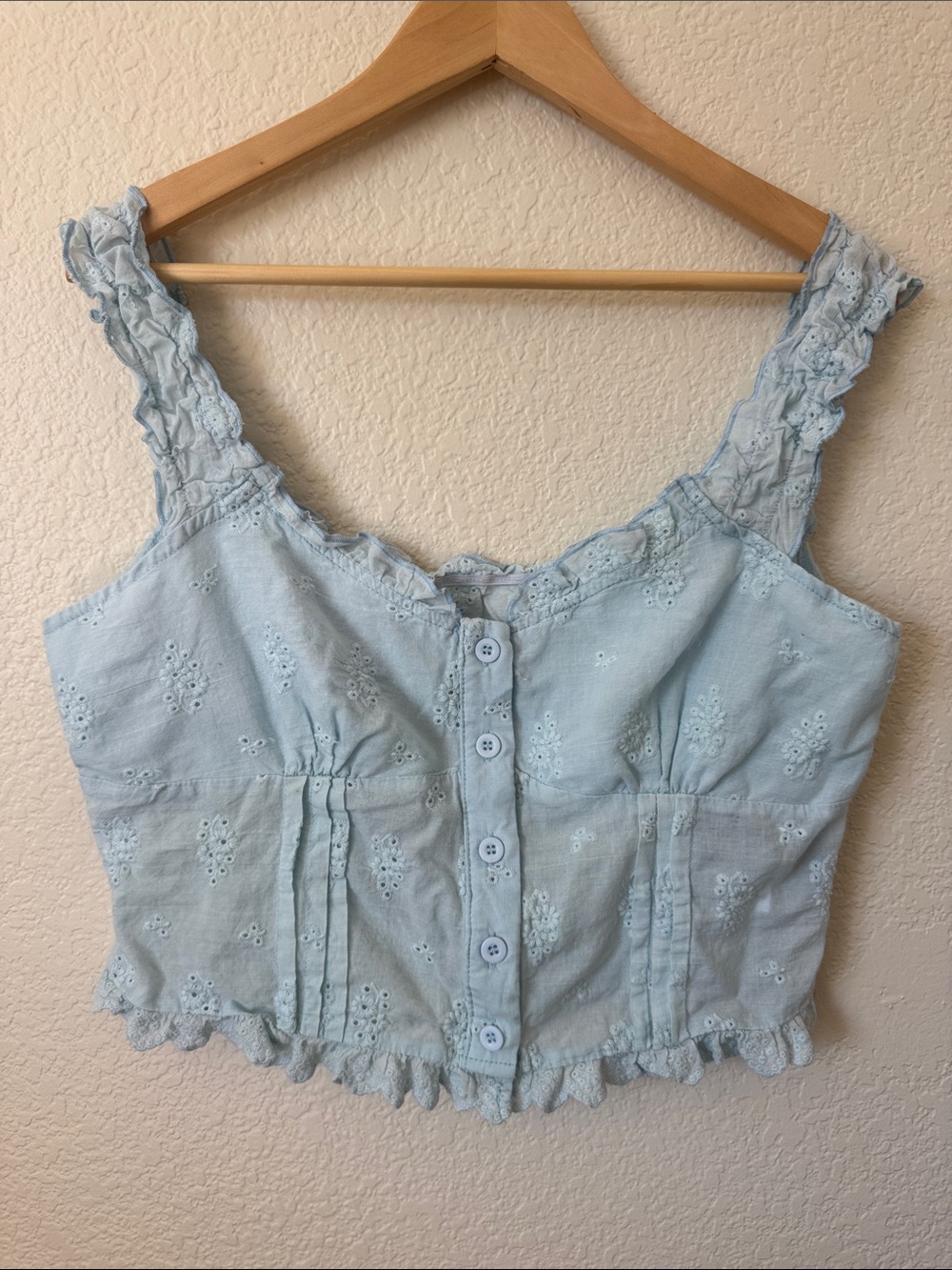 Cider Light Blue Eyelet Button-Front Crop Top